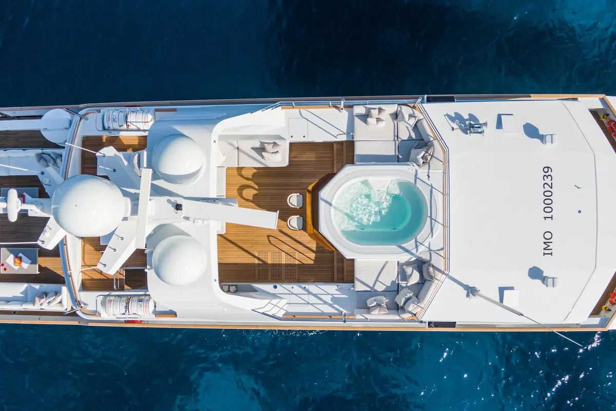 Emerald, aft deck — Menorca Yacht Rental, Menorca. Fifty metres of quiet cabins for multi-day cruising