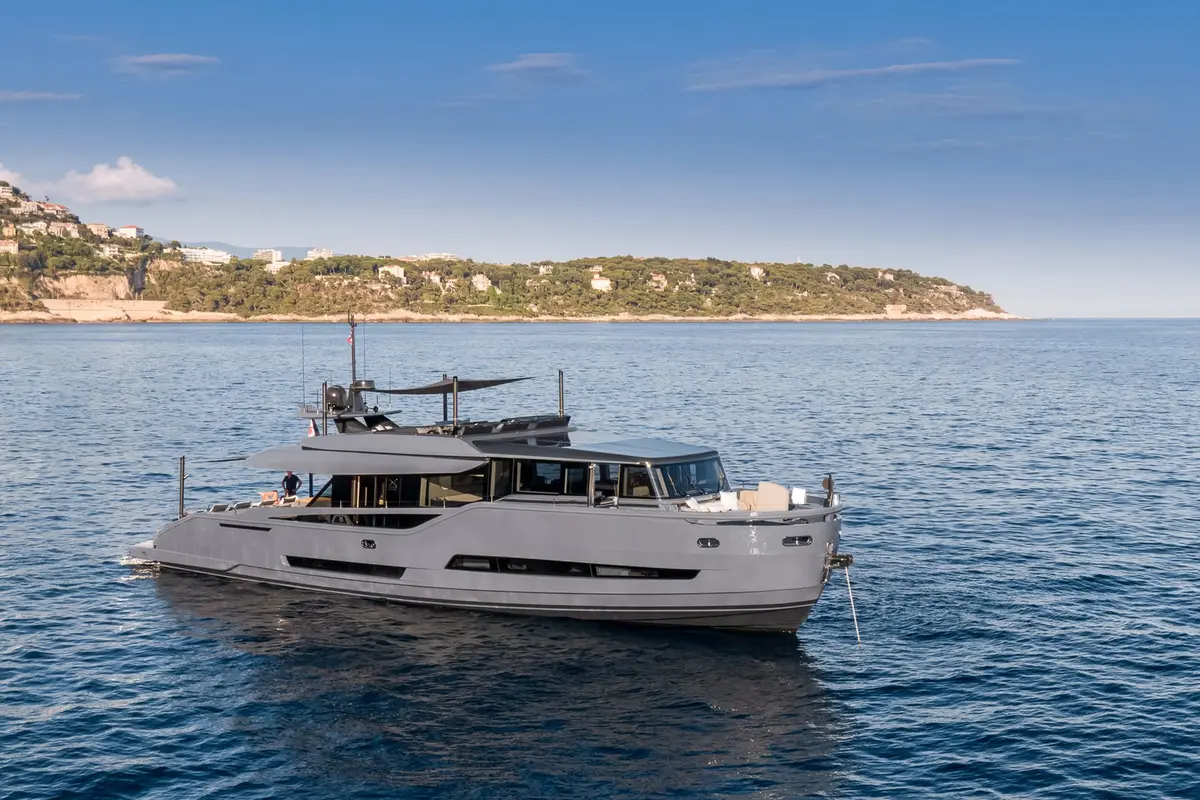Extra 86, exterior — Menorca Yacht Rental, Menorca. Fold-out terraces for slow lunches on open water