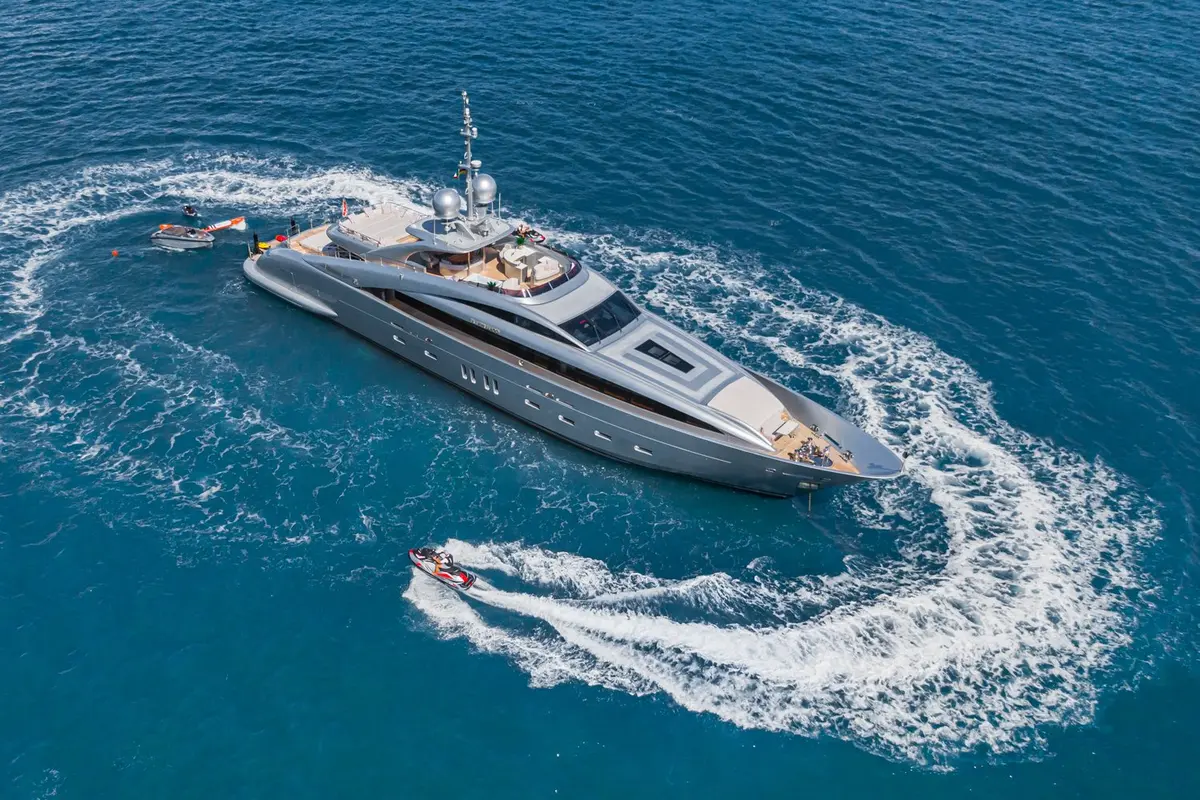 Silver Wind, main deck — Menorca Yacht Rental, Menorca. Stern beach club days, quiet sundeck evenings
