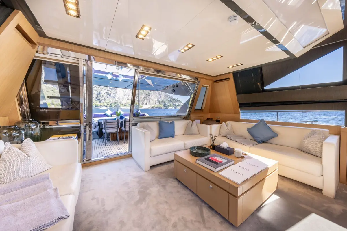 Riva 86 Domino, main deck — Menorca Yacht Rental, Menorca. Classic Riva lines built for multi-day island routes