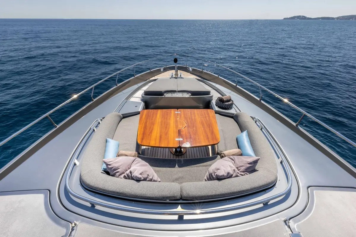 Riva 86 Domino, master cabin — Menorca Yacht Rental, Menorca. Classic Riva lines built for multi-day island routes