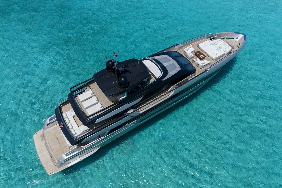 Riva 130 Bellissima, main deck — Menorca Yacht Rental, Menorca. A fast, low-slung profile for northern coves