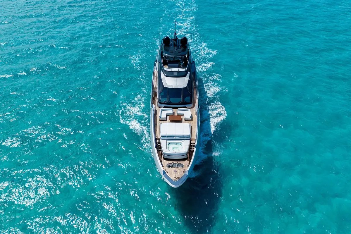 Riva 130 Bellissima, aft deck — Menorca Yacht Rental, Menorca. A fast, low-slung profile for northern coves