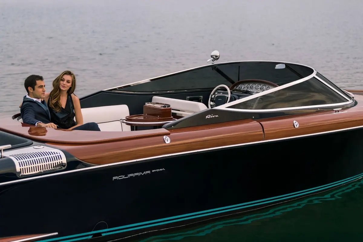 Riva Aquariva, main deck — Menorca Yacht Rental, Menorca. Mahogany-decked speed for a Menorca day out