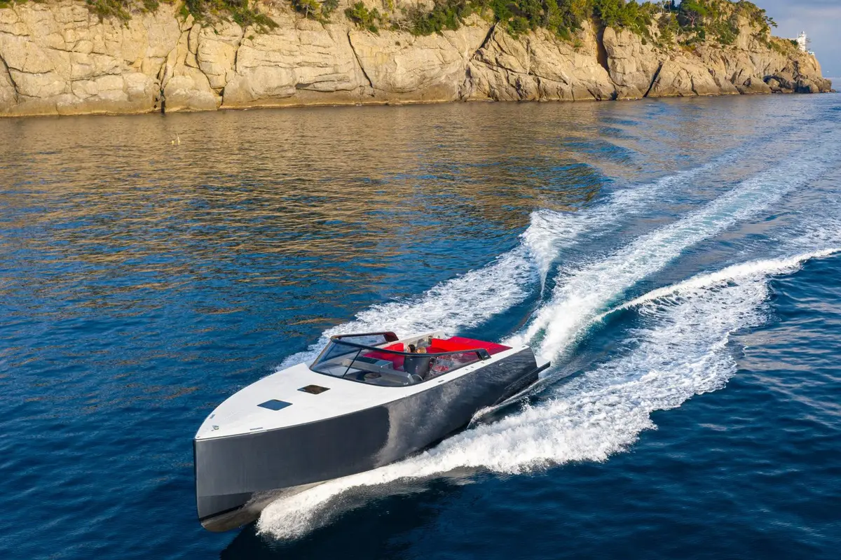 Vandutch 48, aft deck — Menorca Yacht Rental, Menorca. Sleek, low-slung speed built for Menorca's coves